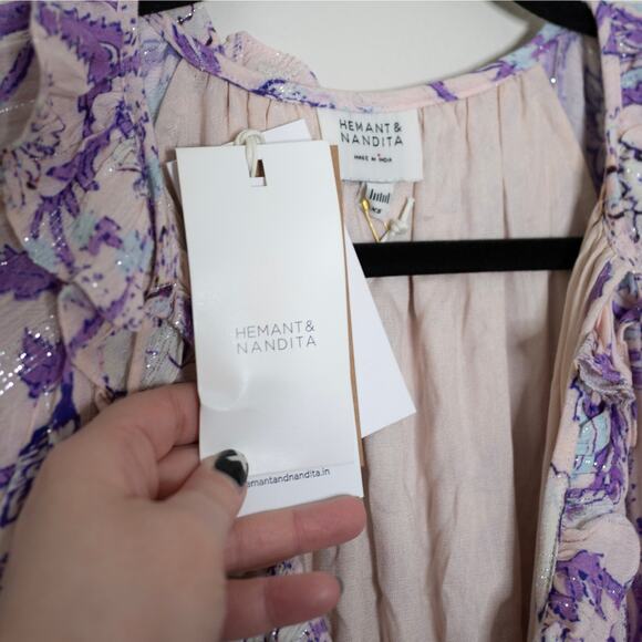 Hemant and Nandita Asia Long Sleeve Mini Dress Lilac Pink Tassel Boho XS NWT - Picture 8 of 9